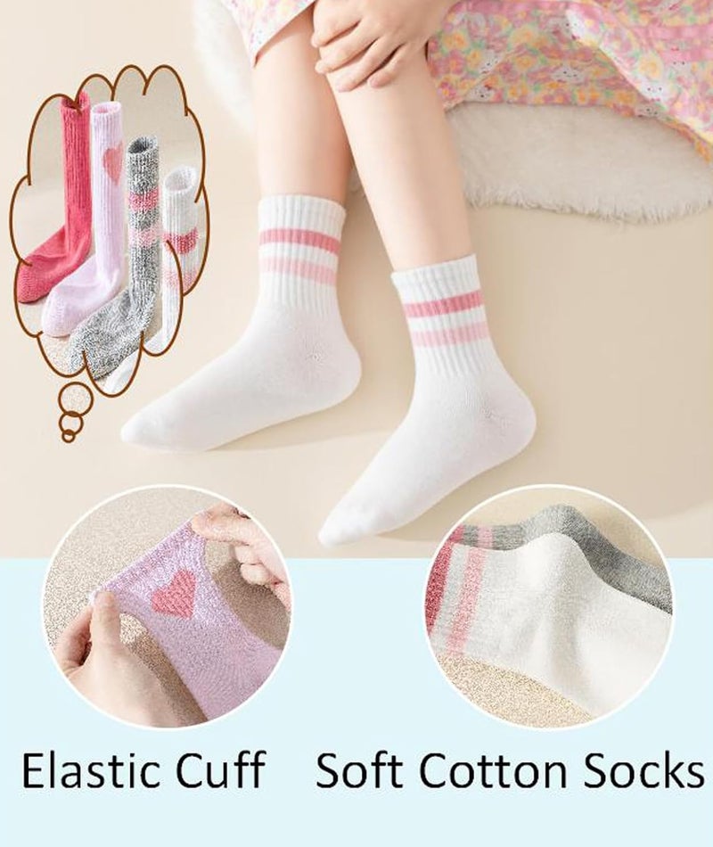 Wamvp Girls Socks Kids Pink Crew Athletic Socks with Hearts Striped 4 Pairs for Children 4-12 Years - Image 5